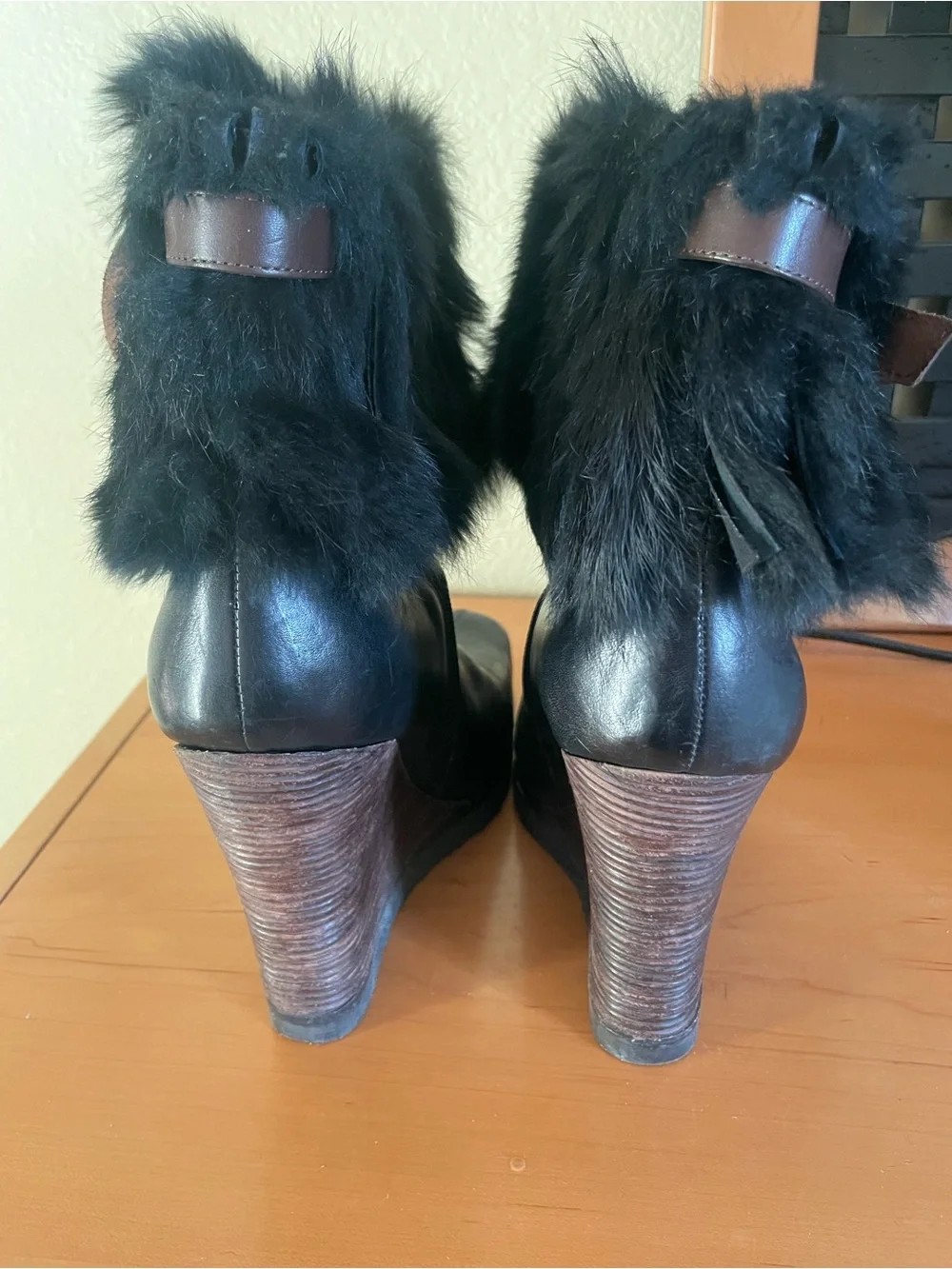 Vintage Faux Fur Trim Black Wedge Booties